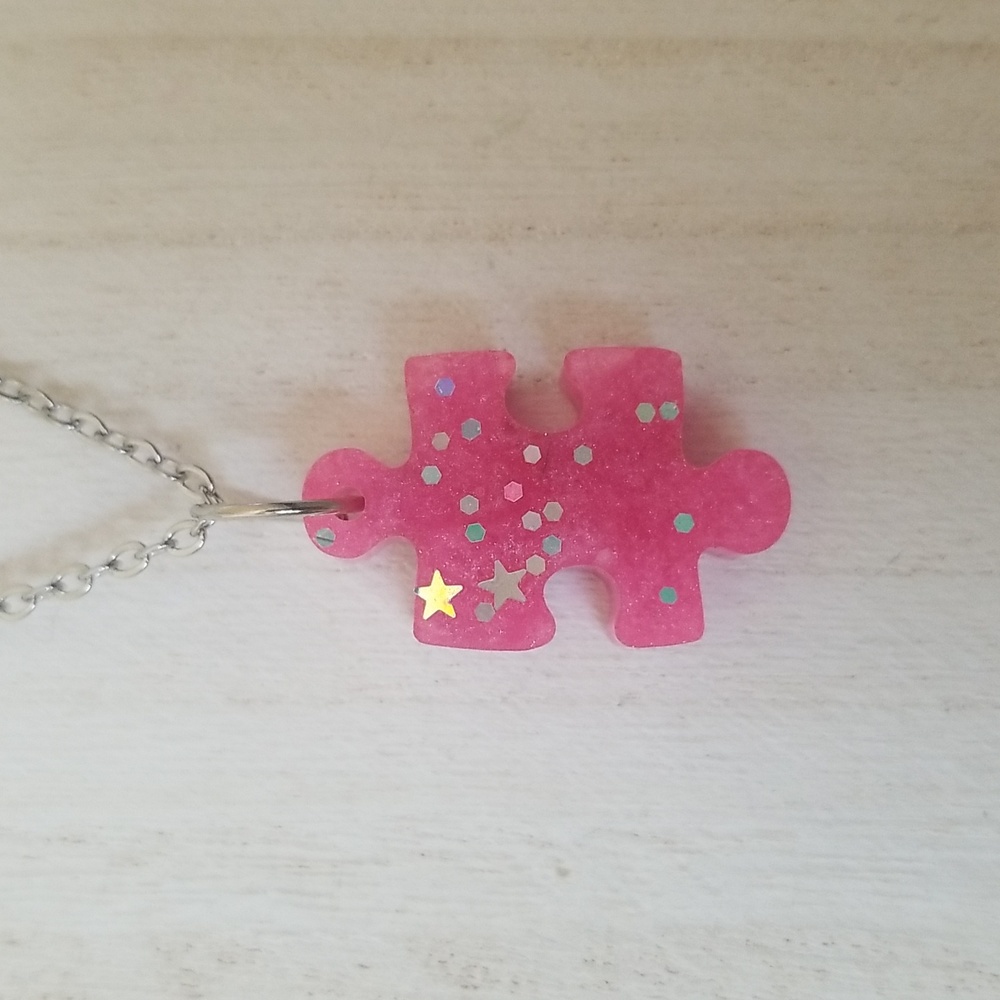 Pink and Silver Puzzle Piece Necklace